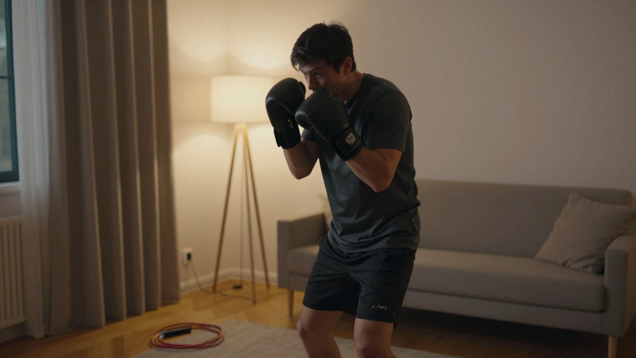 Человек занимается боем с тенью в домашней обстановке вечером