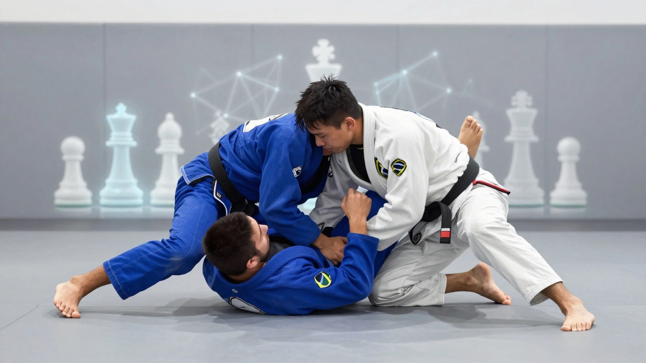 Два борца BJJ в техничном захвате на ковре с символикой шахматной стратегии