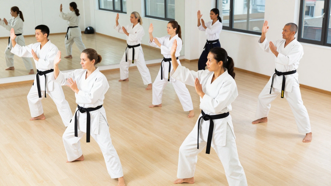 Группа взрослых людей занимается безопасными видами карате и растяжкой в зале