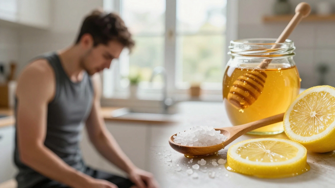 Ингредиенты для домашнего изотоника: мед, морская соль и свежие дольки лимона