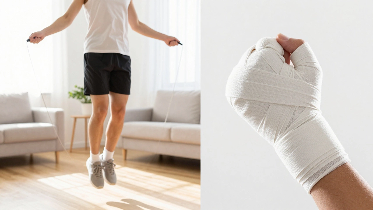 Коллаж: прыжки на скакалке дома и процесс бинтования кисти руки