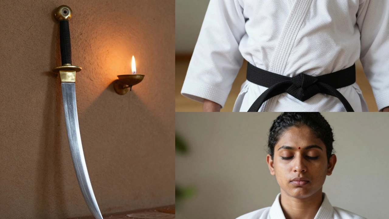 Коллаж с деталями боевых искусств: оружие Каларипаятту и черный пояс Каратэ