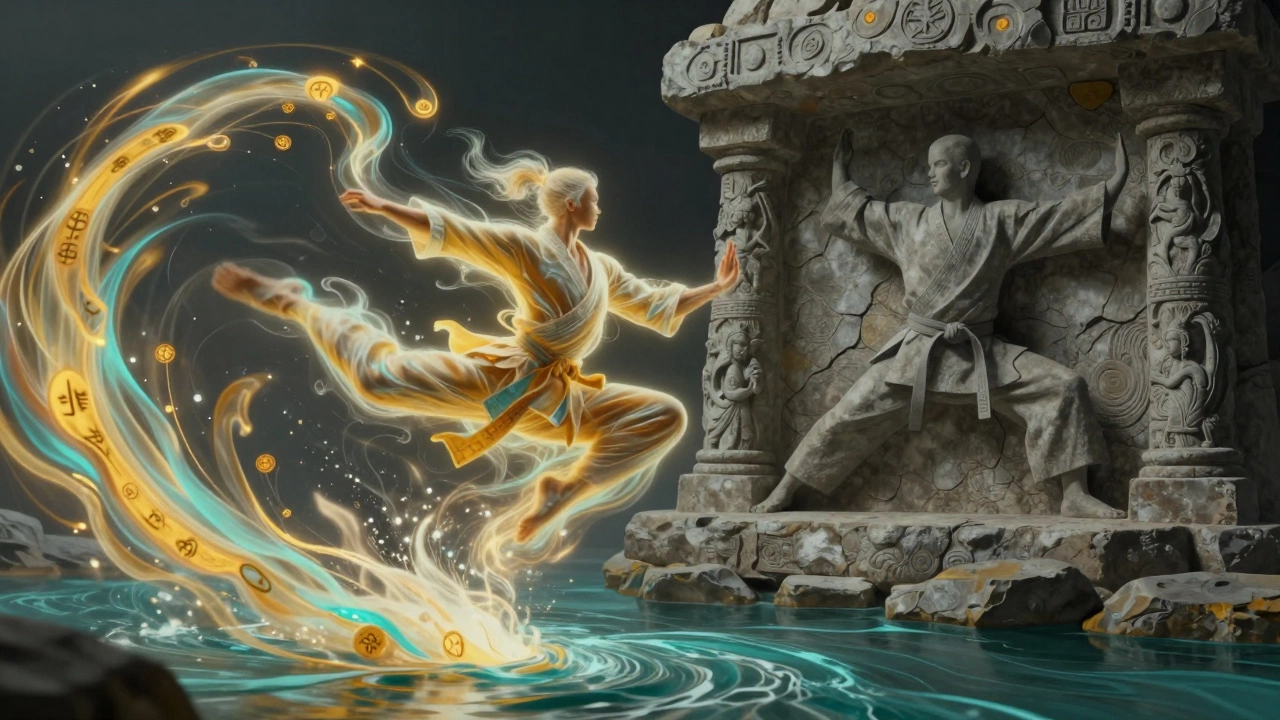 Концептуальное изображение текучести индийских практик и устойчивости японского каратэ