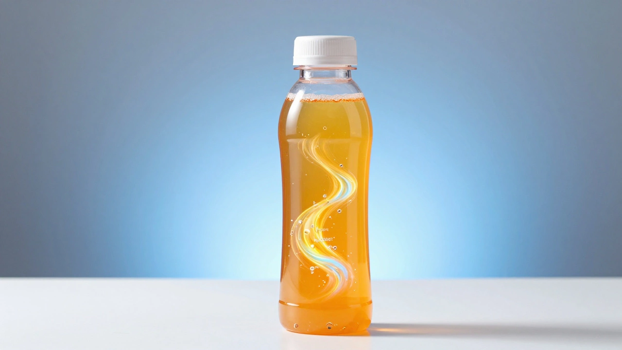 Спортивная бутылка с оранжевым изотоником и светящимися частицами электролитов