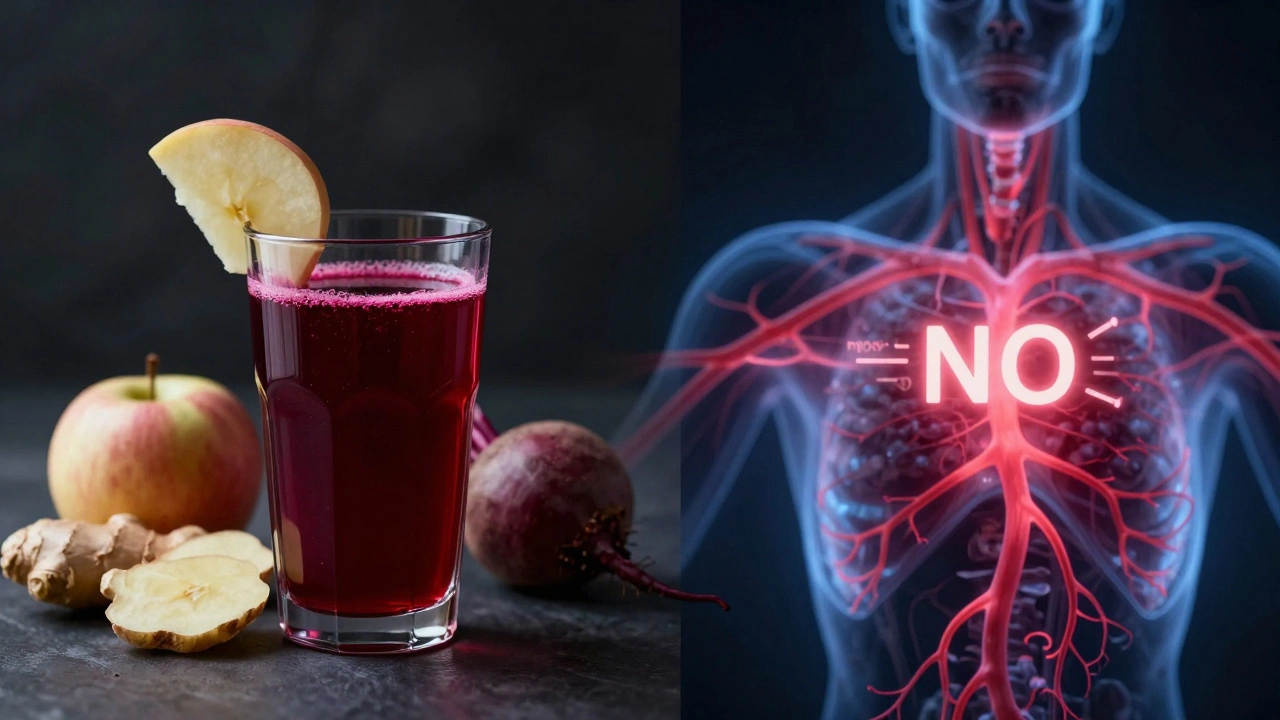 Стакан свекольного сока и абстрактное изображение расширяющихся сосудов