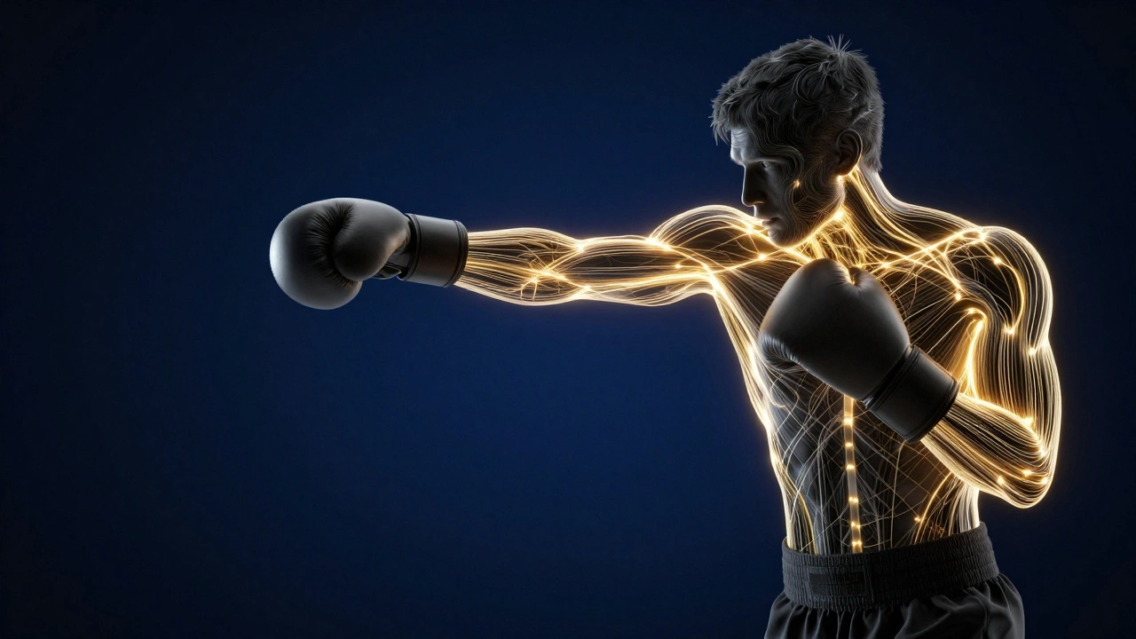 Стилизованный силуэт боксера, наносящего удар, с визуализацией нейронных связей