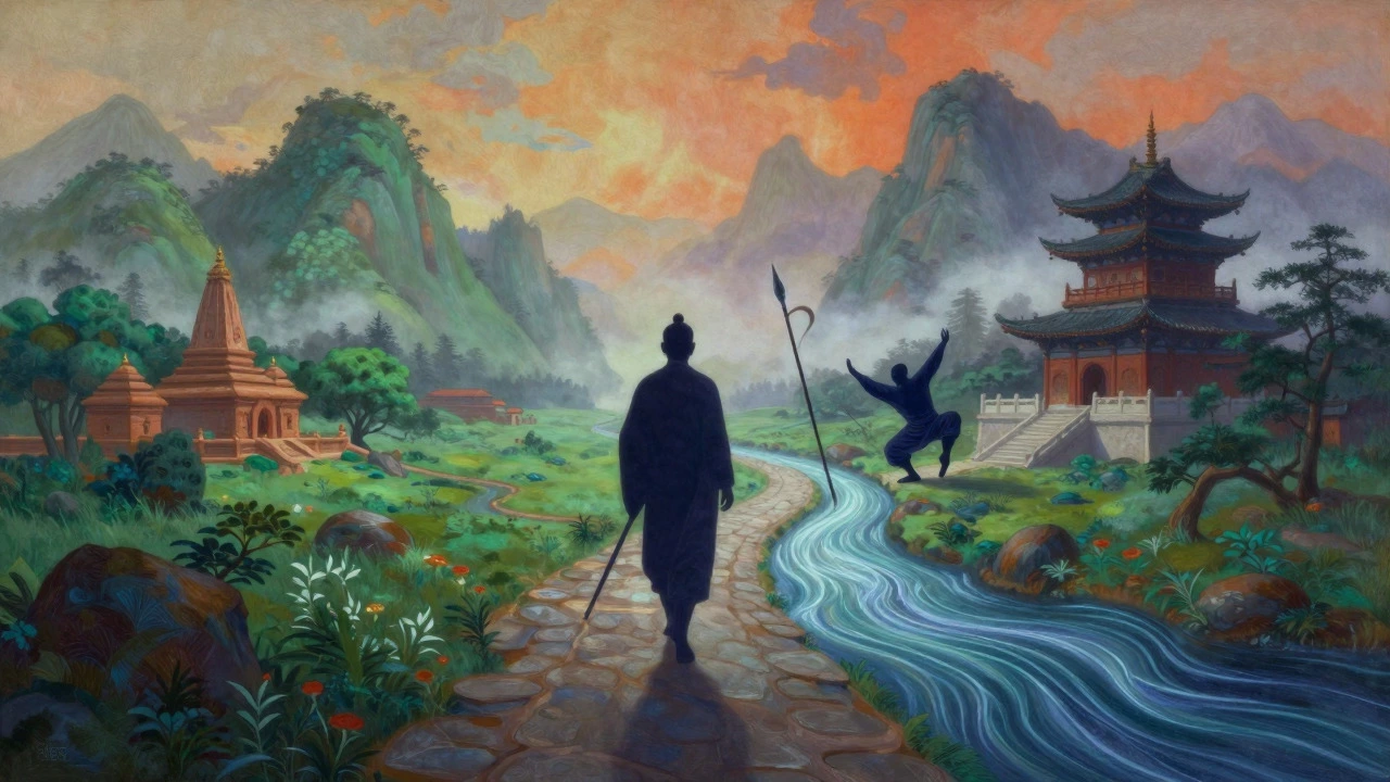 Монах идет по пути, соединяющему Индию и Китай, символизируя обмен знаниями